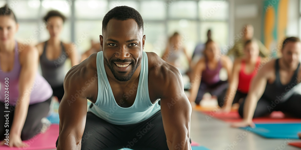 A diverse group of individuals in a yoga class displaying concentration and strength, led by a focused instructor A diverse group of individuals in a yoga class displaying concentration and strength, led by a focused instructor