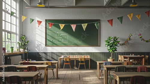 Bright and colorful classroom with decorations, sunlight through windows, chalkboard, and wooden desks creating a welcoming learning environment. photo