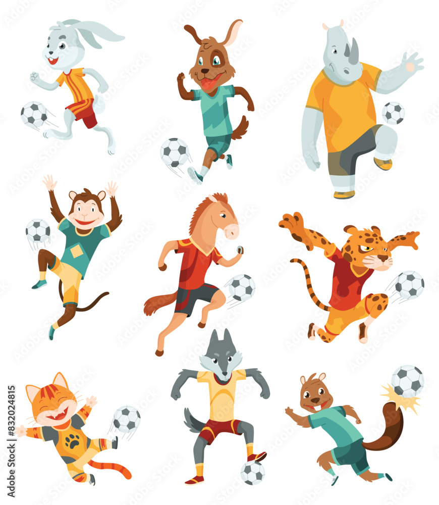 Animal playing football. Cute soccer team players on different positions. Sport is for everyone. Funny vector characters illustration