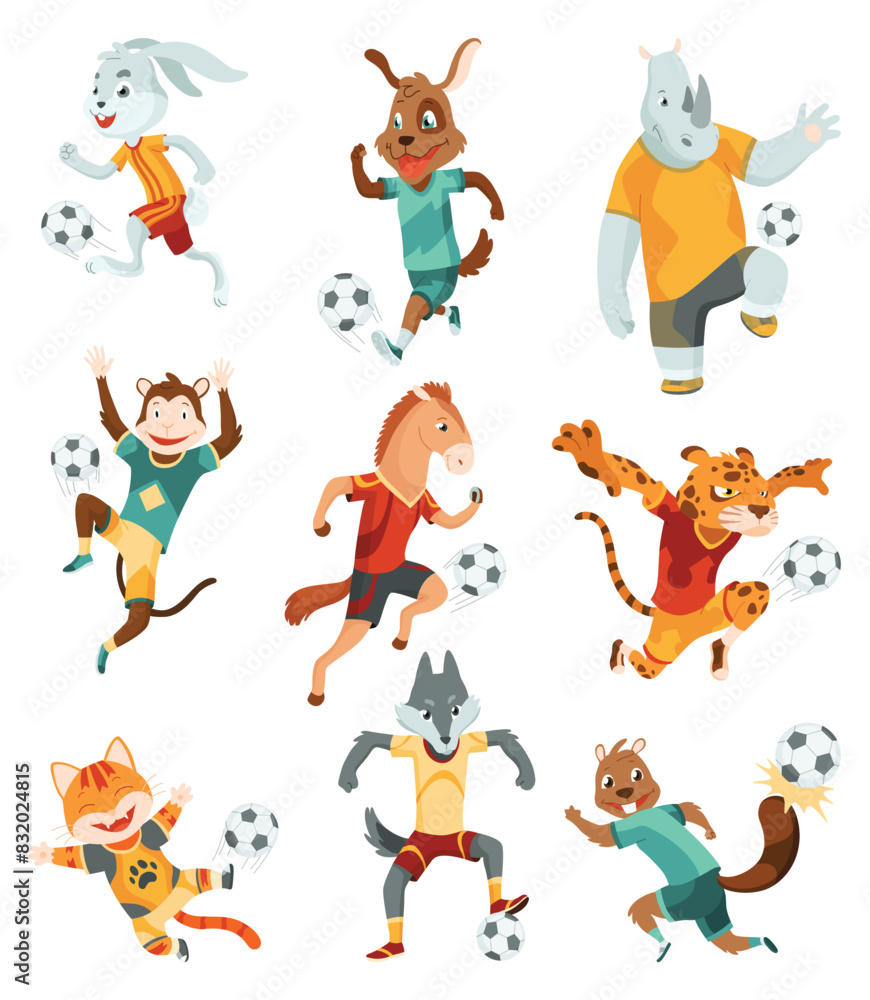 Obraz premium Animal playing football. Cute soccer team players on different positions. Sport is for everyone. Funny vector characters illustration