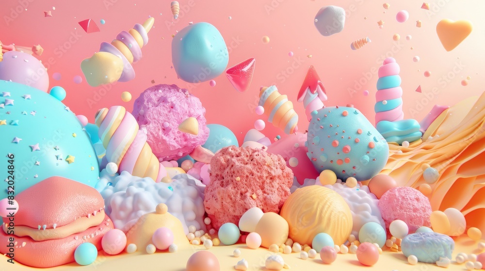 Cute sugar candy rocks color pastel background, style 3D, sweet Cute sugar candy rocks color pastel background, style 3D, sweet