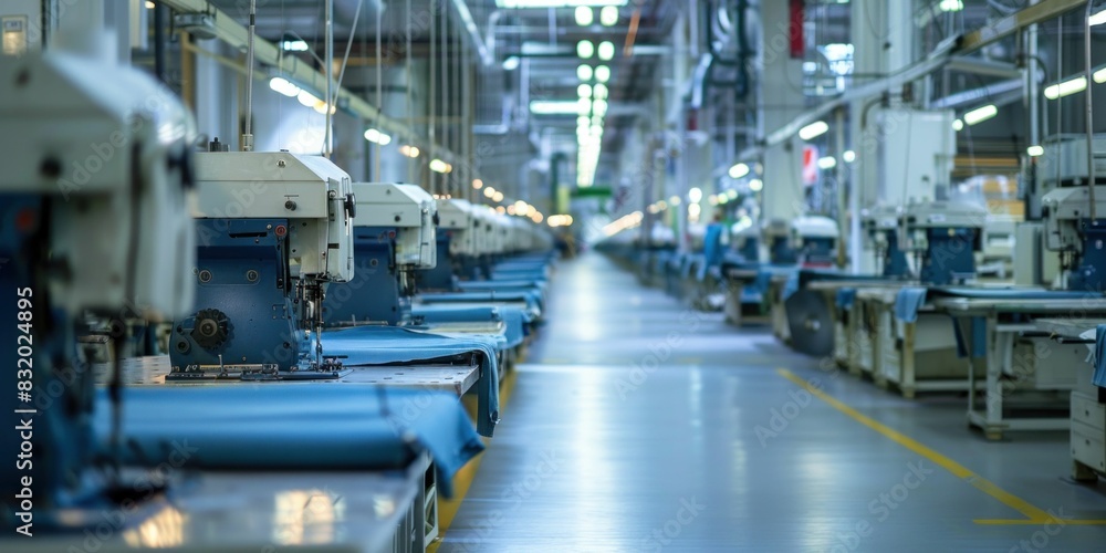 Industrial sewing machines in blue and white fabric room for fashion manufacturing industry Industrial sewing machines in blue and white fabric room for fashion manufacturing industry
