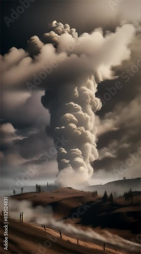 Smoke in the forest, smoke tornado in he sky