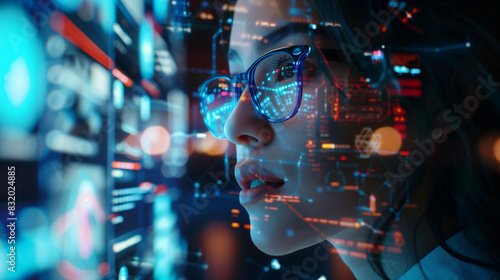 Young woman wearing eyeglasses browsing a futuristic immersive digital world