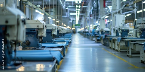 Industrial sewing machines in blue and white fabric room for fashion manufacturing industry