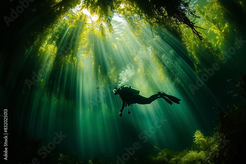 Enchanting Underwater Sunbeams Illuminate Diver in Emerald Seascape