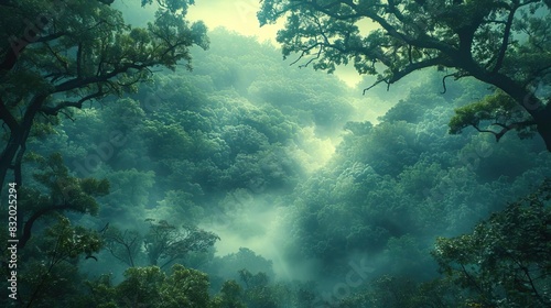 Lush green forest with misty atmosphere  dense trees and foliage creating a serene and mysterious natural landscape  perfect for backgrounds.