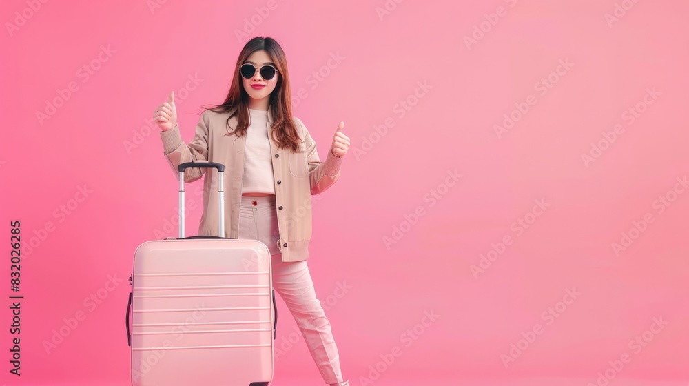 Trendy Asian Woman with Luggage Giving Thumbs Up on Pink Background Trendy Asian Woman with Luggage Giving Thumbs Up on Pink Background