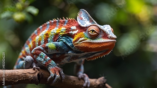 A Close-Up of a multicolored Chameleon on a Tree Branch