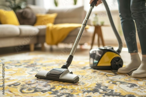 Home Cleaning Routine with Modern Vacuum in a Bright Living Room