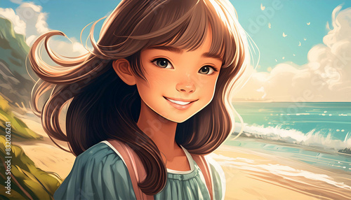 The picture shows a cute teenage girl with brown hair standing on the seashore and smiling.