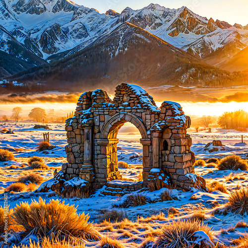 An ancient ruin overtaken by nature covered in frost a enhanced photo