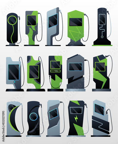 Car charger icons set. Electromobile charging station, alternative fuel. Ev electric, clean energy of the future. Vector illustration in flat style, modern design
