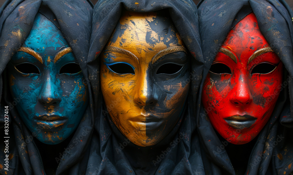 Vibrant Theater Masks in Close-Up: Blue, Gold, Red Faces with Black Draped Hoods Representing Drama, Art, and Emotion Concepts Vibrant Theater Masks in Close-Up: Blue, Gold, Red Faces with Black Draped Hoods Representing Drama, Art, and Emotion Concepts