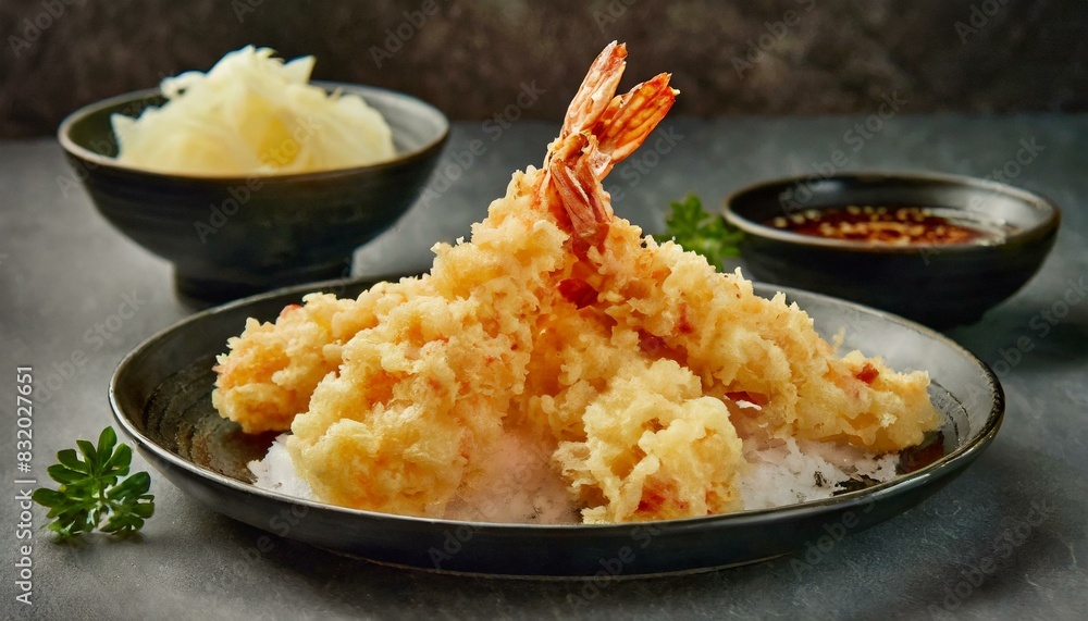 Fried Shrimp - Japanese Tempura presented in a Tasteful Way - Battered Gamba Deep Fried - Juicy Delicious Japanese Cuisine - Asian Food Fried Shrimp - Japanese Tempura presented in a Tasteful Way - Battered Gamba Deep Fried - Juicy Delicious Japanese Cuisine - Asian Food