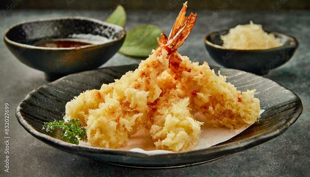 Fried Shrimp - Japanese Tempura presented in a Tasteful Way - Battered Gamba Deep Fried - Juicy Delicious Japanese Cuisine - Asian Food Fried Shrimp - Japanese Tempura presented in a Tasteful Way - Battered Gamba Deep Fried - Juicy Delicious Japanese Cuisine - Asian Food