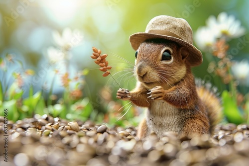 A squirrel is standing in a garden with a hat on and holding a nut
