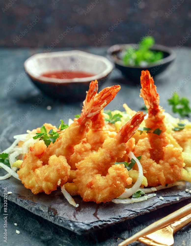 Fried Shrimp - Japanese Tempura presented in a Tasteful Way - Battered Gamba Deep Fried - Juicy Delicious Japanese Cuisine - Asian Food Fried Shrimp - Japanese Tempura presented in a Tasteful Way - Battered Gamba Deep Fried - Juicy Delicious Japanese Cuisine - Asian Food