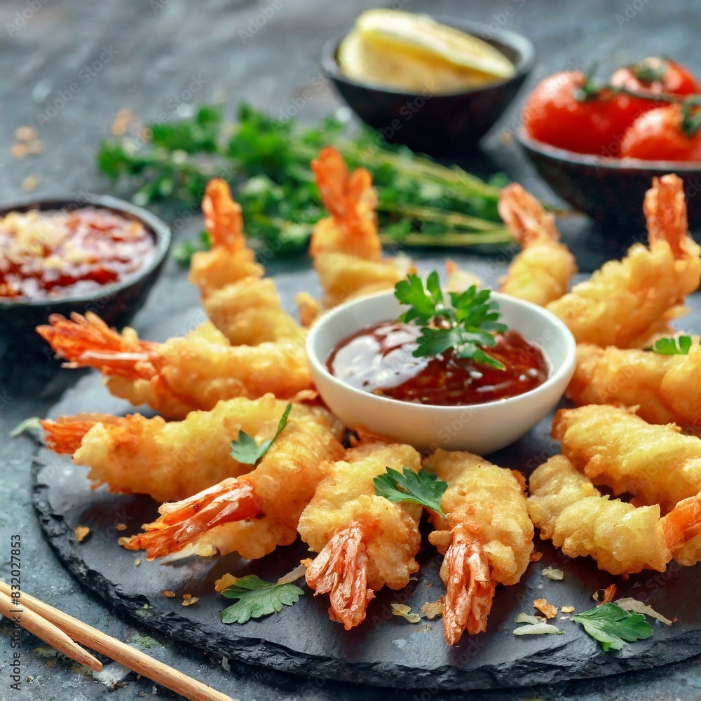 Fried Shrimp - Japanese Tempura presented in a Tasteful Way - Battered Gamba Deep Fried - Juicy Delicious Japanese Cuisine - Asian Food Fried Shrimp - Japanese Tempura presented in a Tasteful Way - Battered Gamba Deep Fried - Juicy Delicious Japanese Cuisine - Asian Food