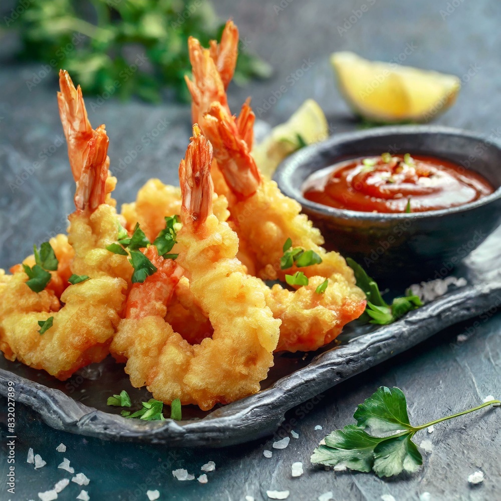 Fried Shrimp - Japanese Tempura presented in a Tasteful Way - Battered Gamba Deep Fried - Juicy Delicious Japanese Cuisine - Asian Food Fried Shrimp - Japanese Tempura presented in a Tasteful Way - Battered Gamba Deep Fried - Juicy Delicious Japanese Cuisine - Asian Food