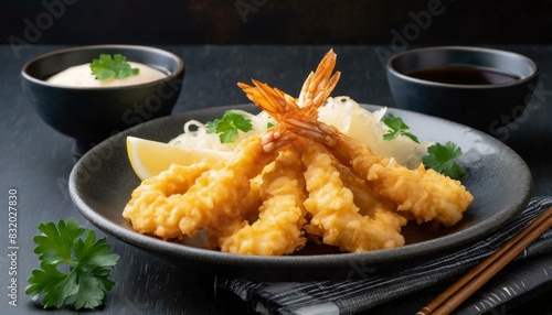 Fried Shrimp - Japanese Tempura presented in a Tasteful Way - Battered Gamba Deep Fried - Juicy Delicious Japanese Cuisine - Asian Food