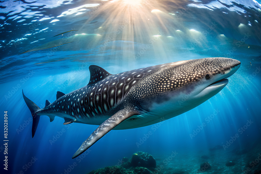 Naklejka premium Underwater shot of a Whale Shark swimming out in open ocean in the wild