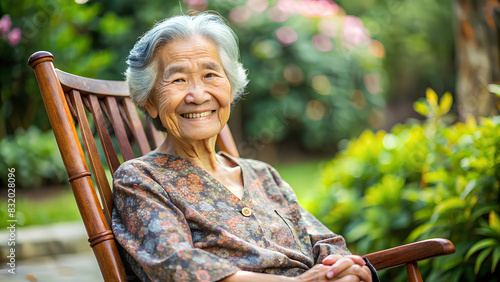 style of the fifties of the last century, close-up, an Asian old women sits in a rocking chair in the garden and smiles photo