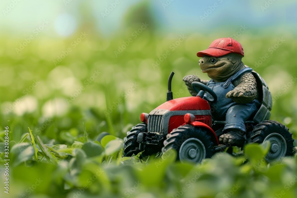 A turtle is driving a tractor in a field