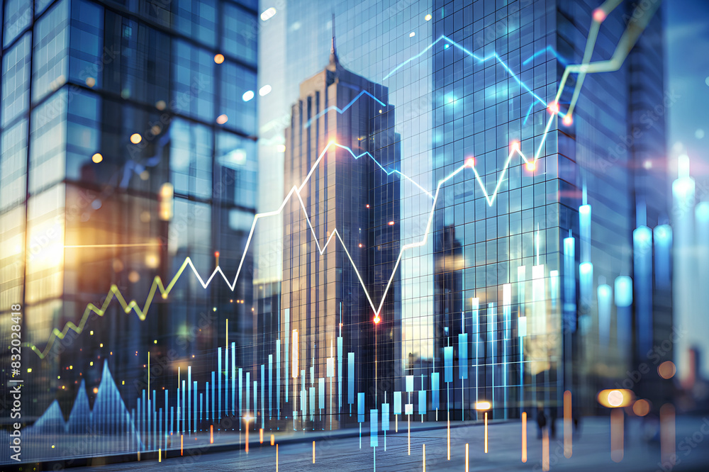 virtual financial graph hologram on blurry modern office building background, forex and investment concept virtual financial graph hologram on blurry modern office building background, forex and investment concept