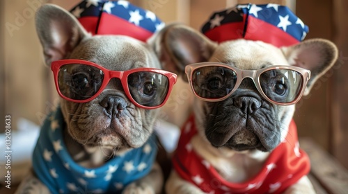 Two adorable French Bulldogs wearing sunglasses and patriotic bandanas, perfect for a fun and festive celebration stock photo. © Seksan