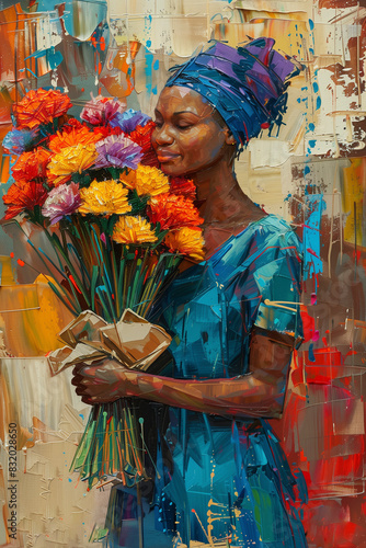 A cheerful woman with a radiant smile, holding a bouquet of colorful flowers.