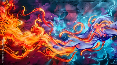 A graffiti wall with an abstract pattern of flames and smoke