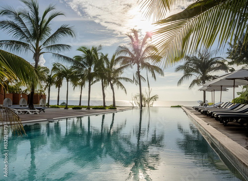 A tropical paradise at a poolside resort.