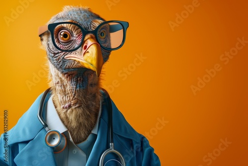 A turkey wearing glasses and a lab coat