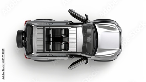 isolated simple and metallic suv car with open doors from top view on white background that easily removable
