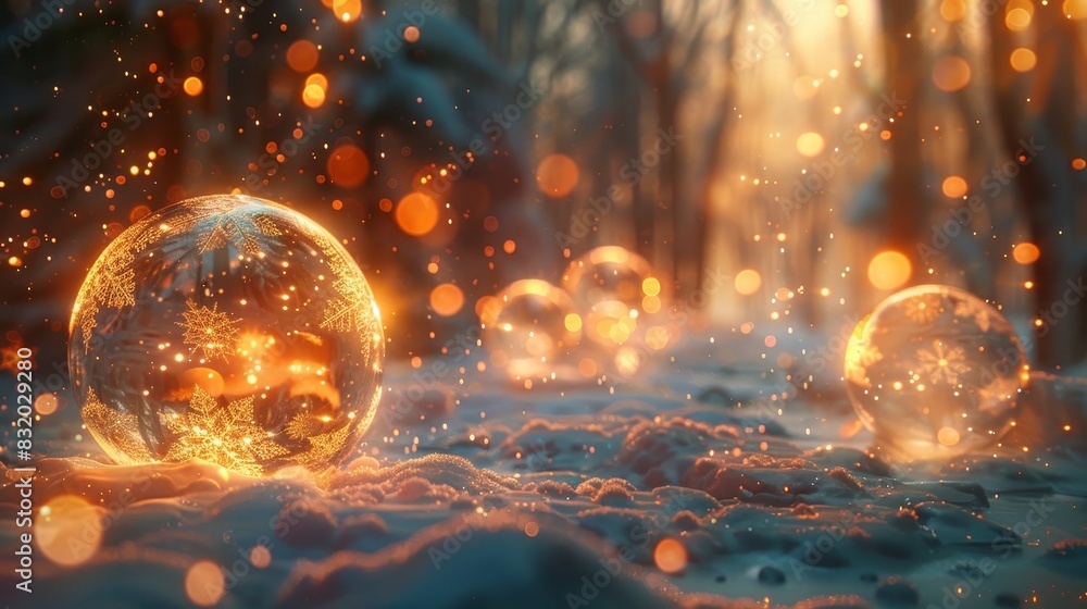 A magical scene unfolds with fire weaving through delicate snowflakes and glowing balls A magical scene unfolds with fire weaving through delicate snowflakes and glowing balls