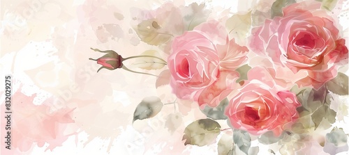 Soft pink watercolor roses in full bloom create a romantic floral background.