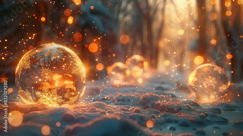 A magical scene unfolds with fire weaving through delicate snowflakes and glowing balls