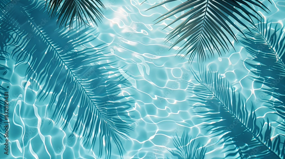 Luxury swimming pool and palm shadow in water top view. Summer tropical background for product placement podium mockup