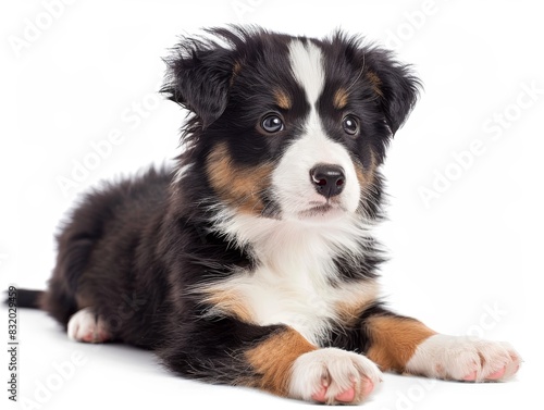 Adorable black and white Australian Shepherd puppy lying down against a white background. Perfect for pet and animal-themed projects.