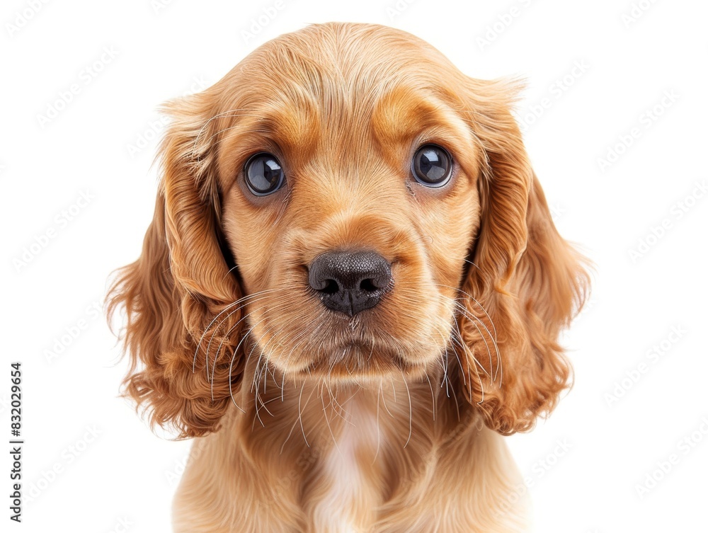 Adorable close-up of a golden puppy with floppy ears and soulful eyes, isolated on a white background, perfect for pet and animal themes.