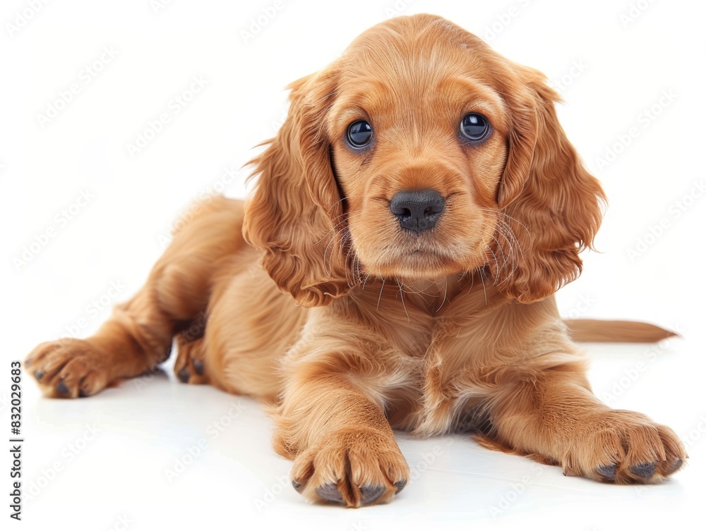 Adorable Cocker Spaniel puppy lying down on a white background, looking into the camera with its cute and curious eyes.
