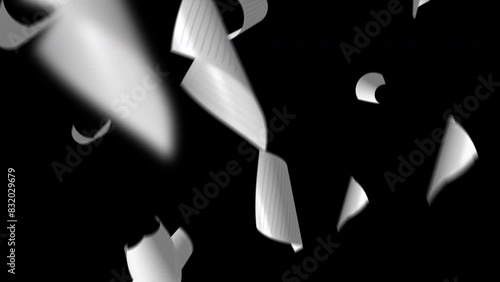 Blank white paper falling from above overlay, black background, Loop
