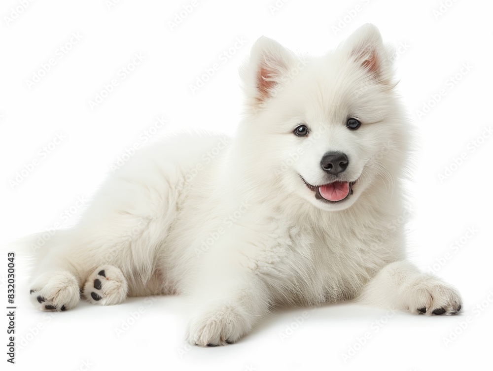 Adorable white fluffy puppy lying down, looking at the camera with a happy expression, isolated on white background.