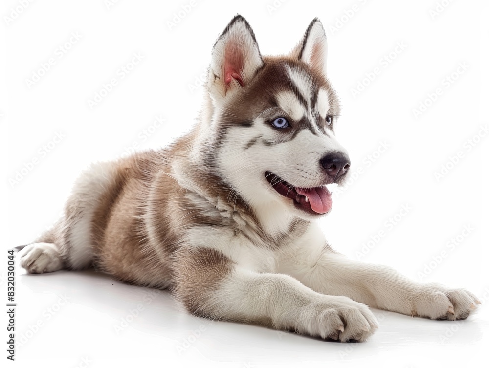 Adorable Siberian Husky puppy lying down with a happy expression, isolated on white background.
