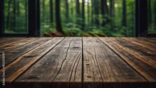 Empty wooden table for mockups. Outdoor exposition exhibit platform. Unoccupied wooden table in park forest, perfect for nature themed presentations. 