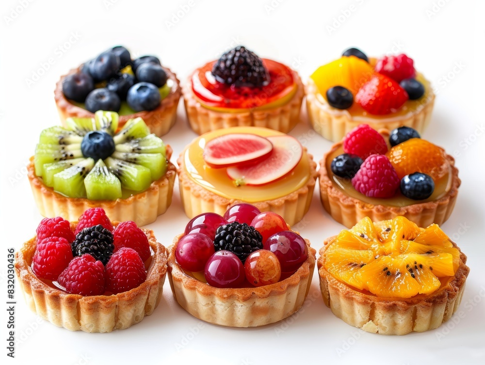 Assorted fruit tarts with fresh berries, kiwi, and citrus on a white background. Perfect dessert for any occasion or sweet treat. Assorted fruit tarts with fresh berries, kiwi, and citrus on a white background. Perfect dessert for any occasion or sweet treat.