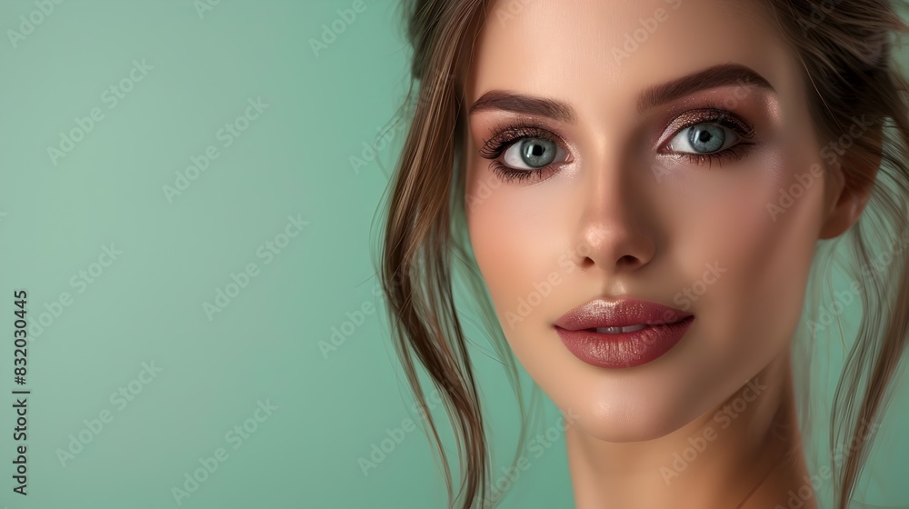 Elegant Model Showcasing Exquisite Makeup Collection on Sage Green Backdrop Elegant Model Showcasing Exquisite Makeup Collection on Sage Green Backdrop