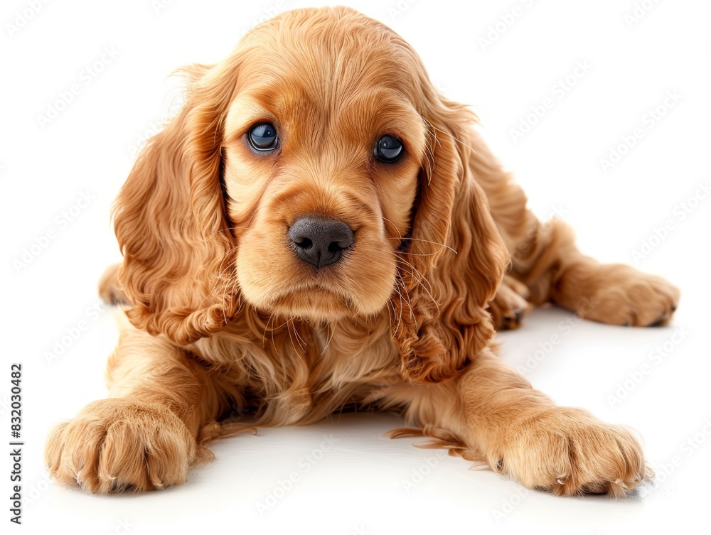 Adorable golden puppy with soulful blue eyes and curly fur lying on white background, showcasing its cute and playful nature.
