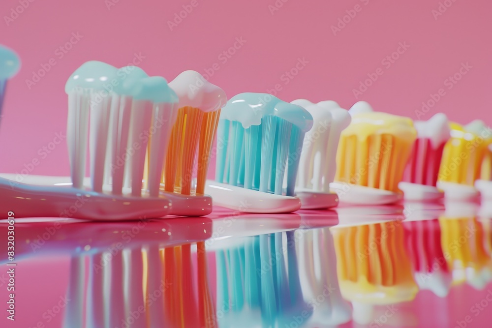 A row of toothbrushes with different colors of toothpaste on them A row of toothbrushes with different colors of toothpaste on them
